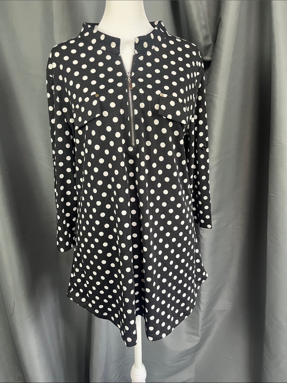 Black and White Polka Dot Zip-Front Tunic Top